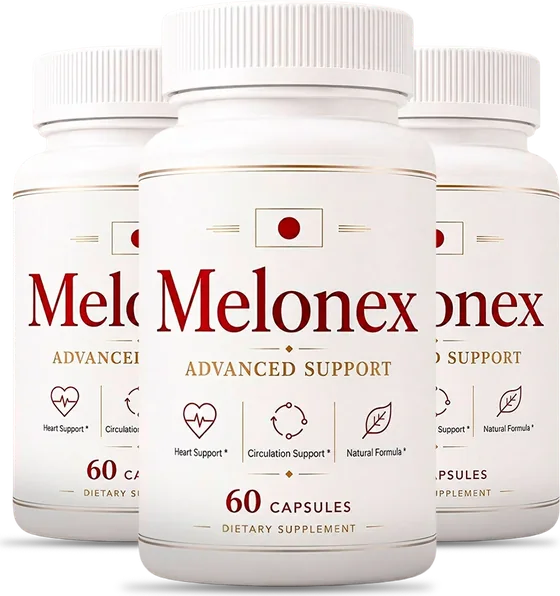 Three white Melonex capsule bottles with ivory and oxblood labels, standing inside an oxblood arch