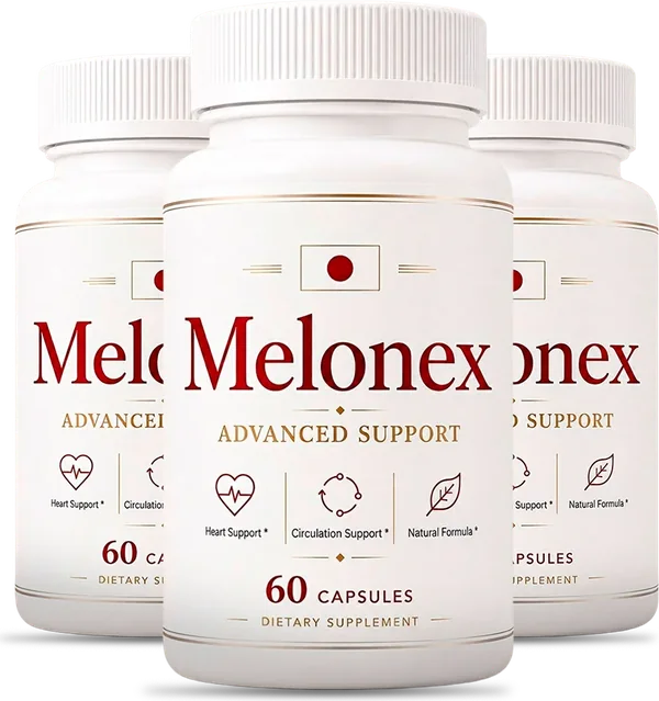A white Melonex capsule bottle with an ivory and oxblood label