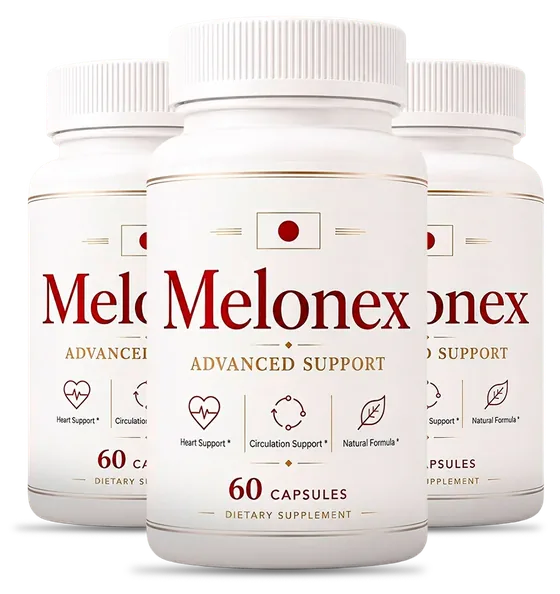 3 white Melonex capsule bottles with the ivory and oxblood label
