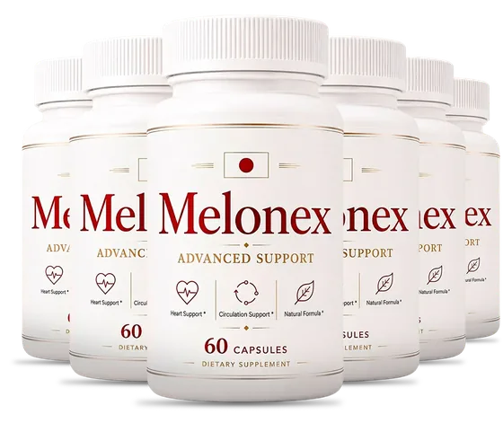 6 white Melonex capsule bottles with the ivory and oxblood label
