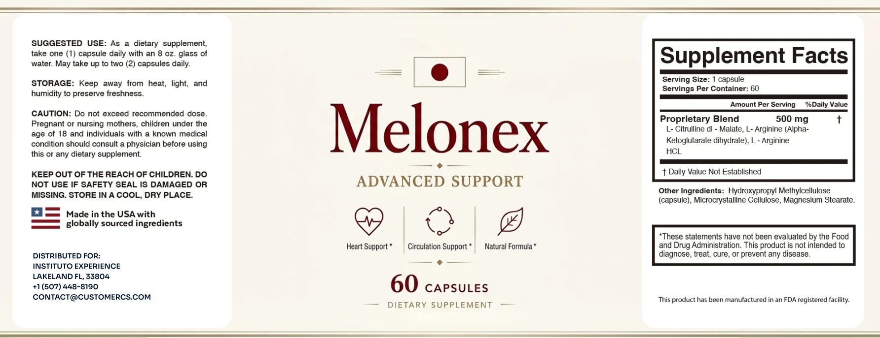 The flat Melonex label: suggested use, storage, caution and distributor on the left; the Melonex wordmark, Advanced Support and three starred claims in the middle; Supplement Facts on the right